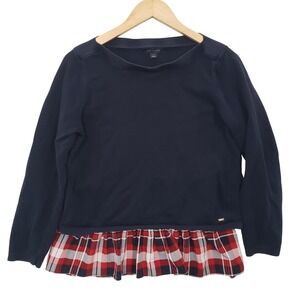 Tommy Hilfiger Girls Navy Blue Plaid Hem Long Sleeve Top Size L Preppy Classic‎